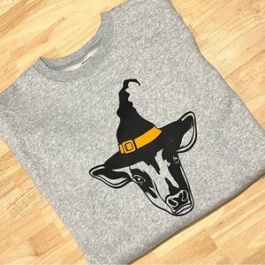 Women’s No Boundaries Halloween cow sweatshirt, spooky season cow with witch hat